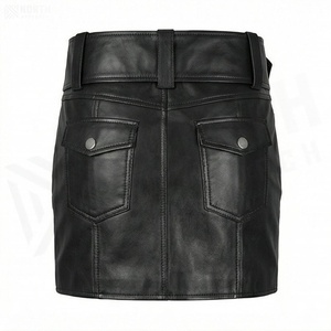 Jupe crayon mini en cuir taille haute pour femme avec ceinture, poche zippée, style motard, couleur unie, toutes saisons - Product Image 2