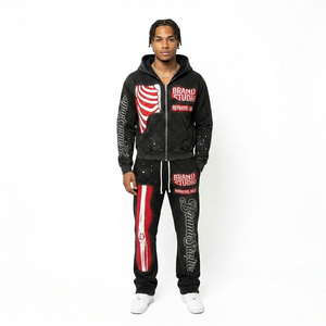 Conjunto de 2 piezas de sudadera con capucha y cremallera para hombre, diseño de canalé negro y rojo, con pedrería, estilo urbano, manga larga, a la moda - Product Image 4