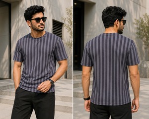 Nueva Camiseta Casual de Manga Corta con Cuello Redondo y Rayas para Hombre, Corte Regular, Camiseta con Patrón Tejido Informal para Hombre - Product Image 5