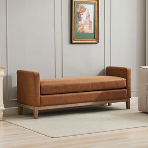 Elegant 66.34\" Upholstered BenchDaybed in Oak with Wood Legs 2 Bolster Pillows <b>End</b> <b>Bed</b> Bedroom Living Room Furniture" - Product Image 3