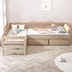 Letto a piattaforma a L naturale per bambini, con tre cassetti contenitore, misura Twin - Product Image 3