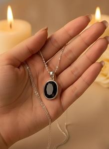 Pendentif ovale en obsidienne noire de luxe plaqué rhodium, collier vintage en pierre protectrice, bijou délicat en cristal, cadeau spirituel - Product Image 5