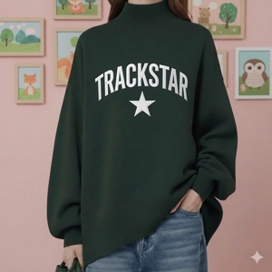 Women's Dark Green Oversized <b>Mock</b> <b>Neck</b> Breathable Winter Sweatshirt with Letter Embroidery Heavyweight Fleece <b>Top</b> - Product Image 3