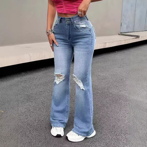 Jeans de Mujer de Cintura Alta, Rotos, Acampanados, Ajustados, Elásticos, de Mezclilla, Estilo Bootcut, Casuales, a la Moda, OEM, Personalizados, al por Mayor - Product Image 3