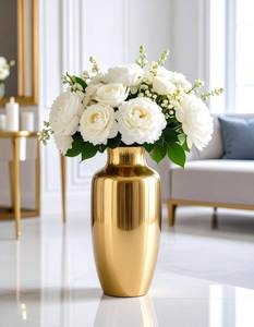 Jarrón de Mesa de Metal Fundido Dorado con Acabado Espejo y Cuello Ancho, Centro de Mesa Hermético para Decoración Floral en Bodas y Salas de Estar - Product Image 1