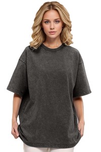 Camiseta Casual de Algodón Lavado Rosa para Mujer, Corte Holgado, Cuello Redondo, Manga Corta, Color Sólido, Primavera Verano - Product Image 3