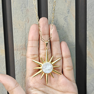 Gold Plated Sunburst Pendant <b>Necklace</b> Natural Rainbow Moonstone 15 MM Round Cabochon Celestial Jewelry Brass Chain <b>Necklace</b> - Product Image 4