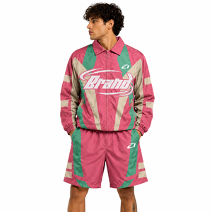 Ensemble veste coupe-vent et short en nylon rose rétro pour homme, style Y2K, color block, streetwear premium, sportswear, hoodies - Product Image 3