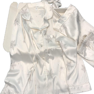 Elegant Women Satin Robe Full Length Long Sleeve Winter/Spring <b>Snowflake</b> Print Rhinestone <b>Decorated</b> Turn-down Collar Breathable - Product Image 5