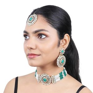 Ensemble de collier et boucles d'oreilles ethniques plaqués or avec pierre turquoise et perle d'imitation, bijoux de mariage pour femmes - Product Image 2