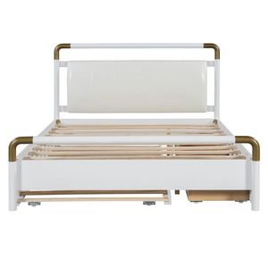 Lit plateforme en bois rembourré Queen Size avec 2 grands tiroirs T XL blanc avec lit gigogne - Product Image 4