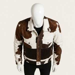 Blouson de motard en cuir véritable pour homme, motif vachette, col rabattable, fermeture éclair, coupe classique, hiver, décontracté, fourrure synthétique épaisse - Product Image 3