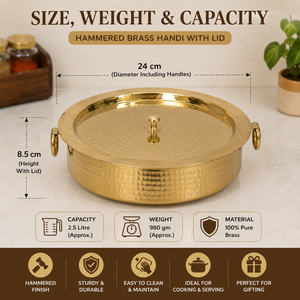 Pure Brass Hammered Handi <b>Pot</b> with Lid 2.5L Traditional Indian Cooking Serving Casserole Cookware <b>for</b> Hotel Restaurant Catering - Product Image 5