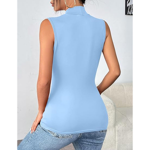 Camiseta sin mangas de cuello alto para mujer, hecha a medida, de moda, ajustada, elástica, de spandex/poliéster, con bordado, de color liso. - Product Image 4