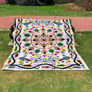 Artisan Uzbek Suzani <b>Bedspread</b> with Hand Embroidered <b>Floral</b> Wool Textile Vintage Inspired Bohemian Central Asian Home Decor - Product Image 6