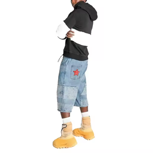 Custom Logo Vintage Washed Denim <b>Shorts</b> for <b>Men</b> Hot Mid-Waist Acid Wash Rhinestone <b>Patches</b> and Rivets Made of Cotton - Product Image 5