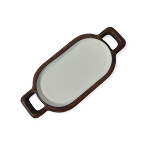 Bandeja Ovalada Decorativa Hecha a Mano con Esmalte Blanco y Madera de Mango, con Asa, para Servir, Decoración de Cocina, Exhibición de Alimentos, Artesanía India - Product Image 1