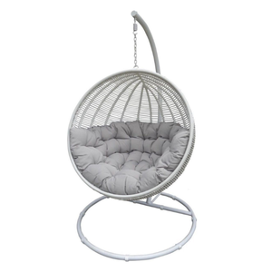 White Wicker <b>Hanging</b> Egg <b>Chair</b> with Gray Cushion and Stand for Outdoor Patio Swings - Product Image 1