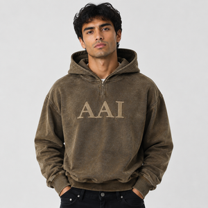 Sudadera con capucha retro marrón para hombre con cremallera de un cuarto, MOQ bajo, lisa, de felpa francesa suave, ajuste holgado informal, talla grande, venta al por mayor, OEM - Product Image 1
