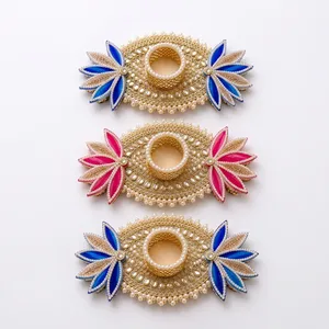 Oval Gold <b>Candle</b> Stand with Pearl Trim and Blue <b>Pink</b> Floral Design Handmade Home Decoration Decorative tealight <b>holder</b> - Product Image 1
