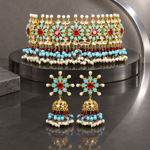Wholesale Gold Plated Multicolor Kundan <b>Pearl</b> Choker Necklace Earrings <b>Set</b> Bridal Jewelry Bulk Order - Product Image 4