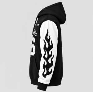 เสื้อฮู้ดผู้หญิงสีดำขาว ผ้าฝ้ายผสมสแปนเด็กซ์ พิมพ์ลายตัวอักษรและตัวเลข 26 ลายเปลวไฟที่แขนเสื้อ แห้งเร็ว - Product Image 5