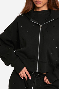Sweat-shirt à capuche noir pour femme avec motif à pois et logo personnalisé sur le devant, vêtement décontracté d'automne, manches longues, en coton tricoté - Product Image 6
