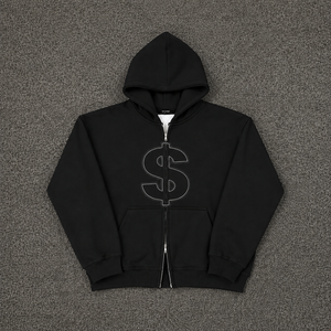 Sudadera con capucha negra extragrande personalizada con cremallera y bordado de signo de dólar, estilo urbano, de forro polar grueso, para hombre, en oferta. - Product Image 5