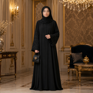 Abaya Bordada a Mano |   Vestido musulmán modesto negro Nida para mujer con intrincados detalles en las mangas, ropa islámica de longitud completa, moda elegante. - Product Image 2