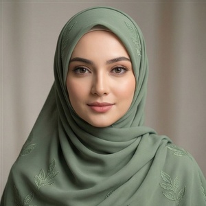 Women Green Embroidered Leaf Pattern Hijab <b>Chiffon</b> Fabric Skin-Friendly Daily Wear Ethnic <b>Scarf</b> Shawl - Product Image 1