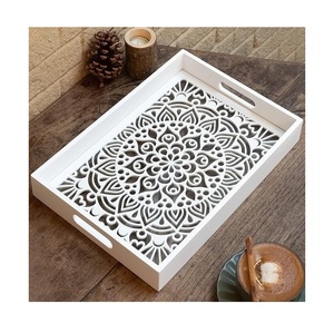 Bandeja de servir de madera tallada con mandala y asas, plato rectangular decorativo blanco para mesa de café y otomana - Product Image 2