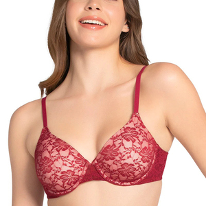 Conjunto de sujetador con aros y encaje floral rojo para mujer, copa 3/4, push-up, tirantes ajustables, espalda en Y, sin costuras, de punto, spandex y nailon - Product Image 3