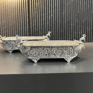 Antique Silver Carved Peacock Beverage Tub Embossed Floral Oval Tub With Ornate Feet Elegant <b>Champagne</b> Wine Cooler For Drinks - Product Image 2