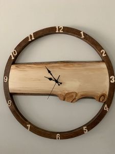 Horloge murale ronde en bois et résine époxy, mécanique, à piles, artisanale, décorative, pour salon, bureau - Product Image 4