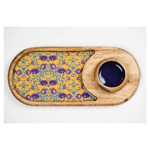 Oval <b>Wooden</b> <b>Serving</b> <b>Platter</b> With Yellow Purple Floral Pattern Handpainted Bohemian Design For Party Dining - Product Image 1