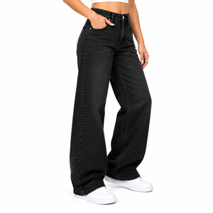 Jeans en denim noir à jambes larges pour femmes, taille haute, style baggy, pantalon décontracté streetwear, fabricant de pantalons en denim sur mesure OEM ODM - Product Image 2