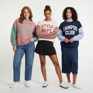 Sweat-shirt personnalisé à col montant avec imprimé lettres surdimensionnées, coupe ample, style décontracté, avec manches contrastantes à carreaux - Product Image 6