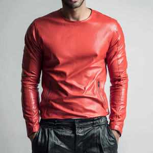 T-shirts à manches longues en cuir PU respirant et écologique de haute qualité pour hommes, style streetwear décontracté, col rond - Product Image 3