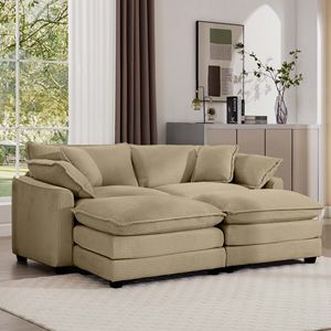 Tan Corduroy Two-Seater <b>Sofa</b> with 2 Footrests and Ottoman for <b>Small</b> Living Spaces for Your Living Room - Product Image 2