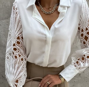 Women's New Fashion Midi Natural Waist Lace Bow Button Hollow Out <b>Patchwork</b> Long Sleeve Solid Color Casual <b>Tops</b> - Product Image 3
