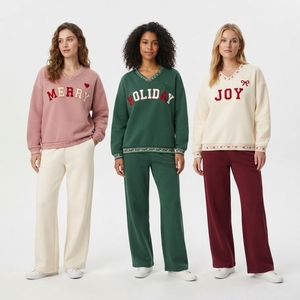 Conjunto casual de 2 piezas para mujer, sudadera con cuello en V y letras bordadas y pantalones largos - Product Image 2