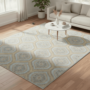 Tapis de luxe en laine et soie noué à la main, bleu clair et or, motif médaillon en treillis ogive - Product Image 1