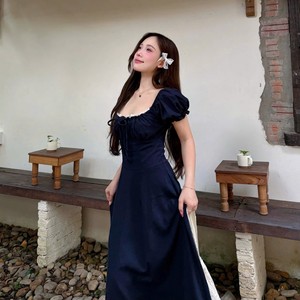 Premium OEM Solid Woven Vintage Off-the-Shoulder Flared <b>High</b> <b>Waist</b> A-Line Breathable Maxi <b>Dress</b> Ruched Detail Puff Sleeves Women - Product Image 1