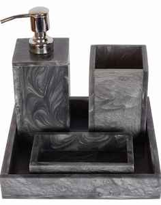 Ensemble d'accessoires de salle de bain en résine à motif marbre gris : Distributeur de savon à pompe, Gobelet porte-brosse à dents, Porte-savon, Plateau de vanité pour salle de bain - Product Image 1