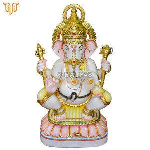 Pure Marble Ganesh <b>Statue</b> on Lotus Base | Handcrafted Lord Ganesha Idol with <b>Gold</b> Crown | Premium Marble Ganpati Murti for Home - Product Image 2