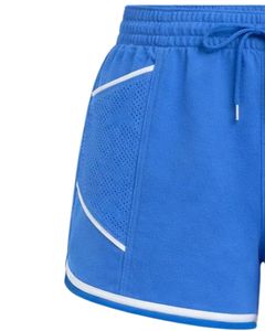 Shorts de sport bleus pour femmes en polyester et élasthanne, respirants, avec empiècements en maille, taille élastique et cordon de serrage, pour la gym, la course, l'entraînement et les loisirs - Product Image 4