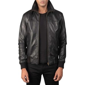 Blouson aviateur en cuir véritable noir pour homme, col rabattu, fermeture éclair, style motard, coupe-vent, pour l'automne - Product Image 3