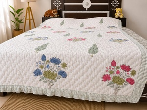 Hand Block Printed Cotton <b>Quilt</b> Reversible Indian Floral <b>Bedding</b> Lightweight Summer Razai Handmade Boho Comforter - Product Image 3
