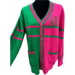 Custom logo AKA Pink Green Sorority V-Neck <b>Cardigan</b> <b>Sweater</b> 100% Cotton Knitted Breathable Autumn Unisex 2-Tone Front Embroidery - Product Image 6