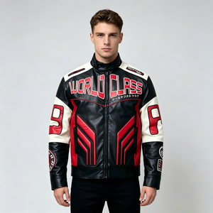 Blouson de moto OEM pour homme en similicuir imperméable, style course, personnalisable avec broderie, fermeture éclair intégrale, multiples patchs sur les manches, streetwear avant. - Product Image 4
